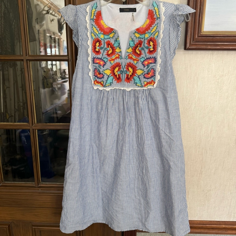 THML Blue & White Striped Embroidered Summer Dress with Multicolor Floral Yoke